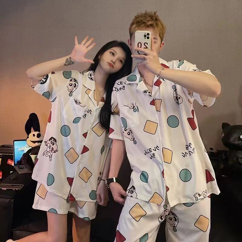 新春夏季情侣冰丝开衫短袖短裤仿真丝睡衣男女丝绸家居服时尚潮流