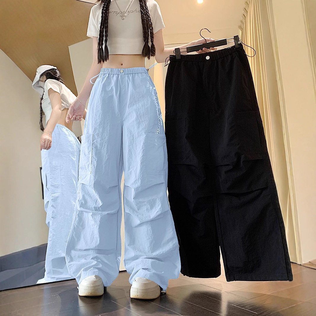 多巴胺黄色冰丝工装裤女夏季美式伞兵裤小个子高腰显瘦速干运动裤