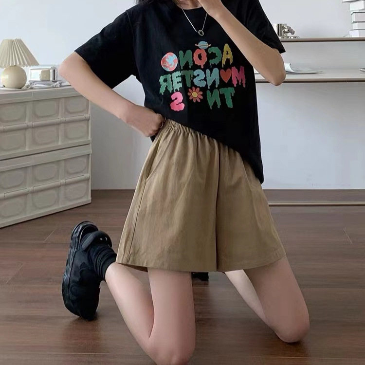 春夏新款高腰显瘦简约百搭休闲阔腿裤日系大码棉质工装短裤女
