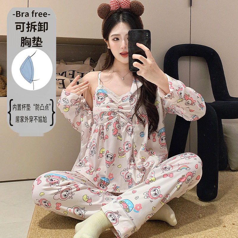 2026冬季女款吊带长裤翻领外搭三件套甜美清新睡衣德绒带胸垫