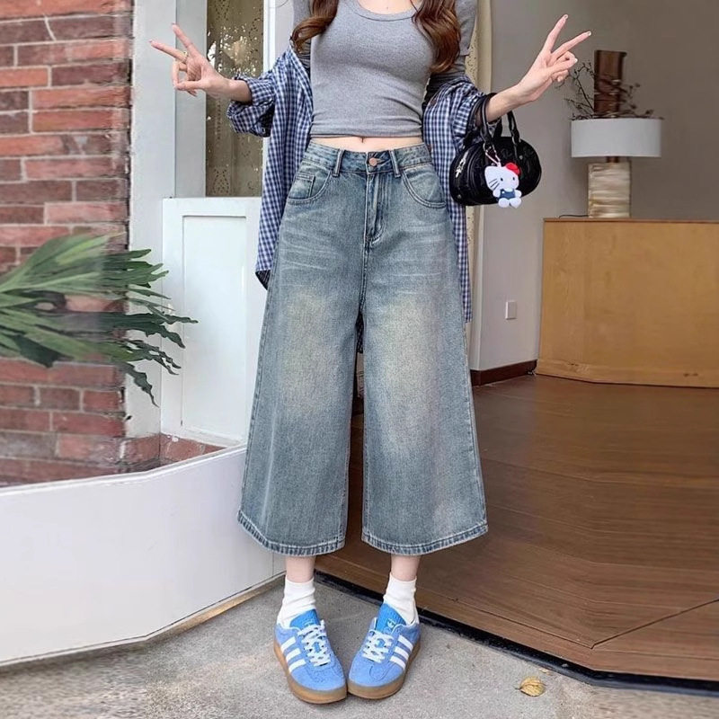 复古水洗七分牛仔裤女夏季小个子高腰显瘦直筒阔腿裤中裤八分裤子