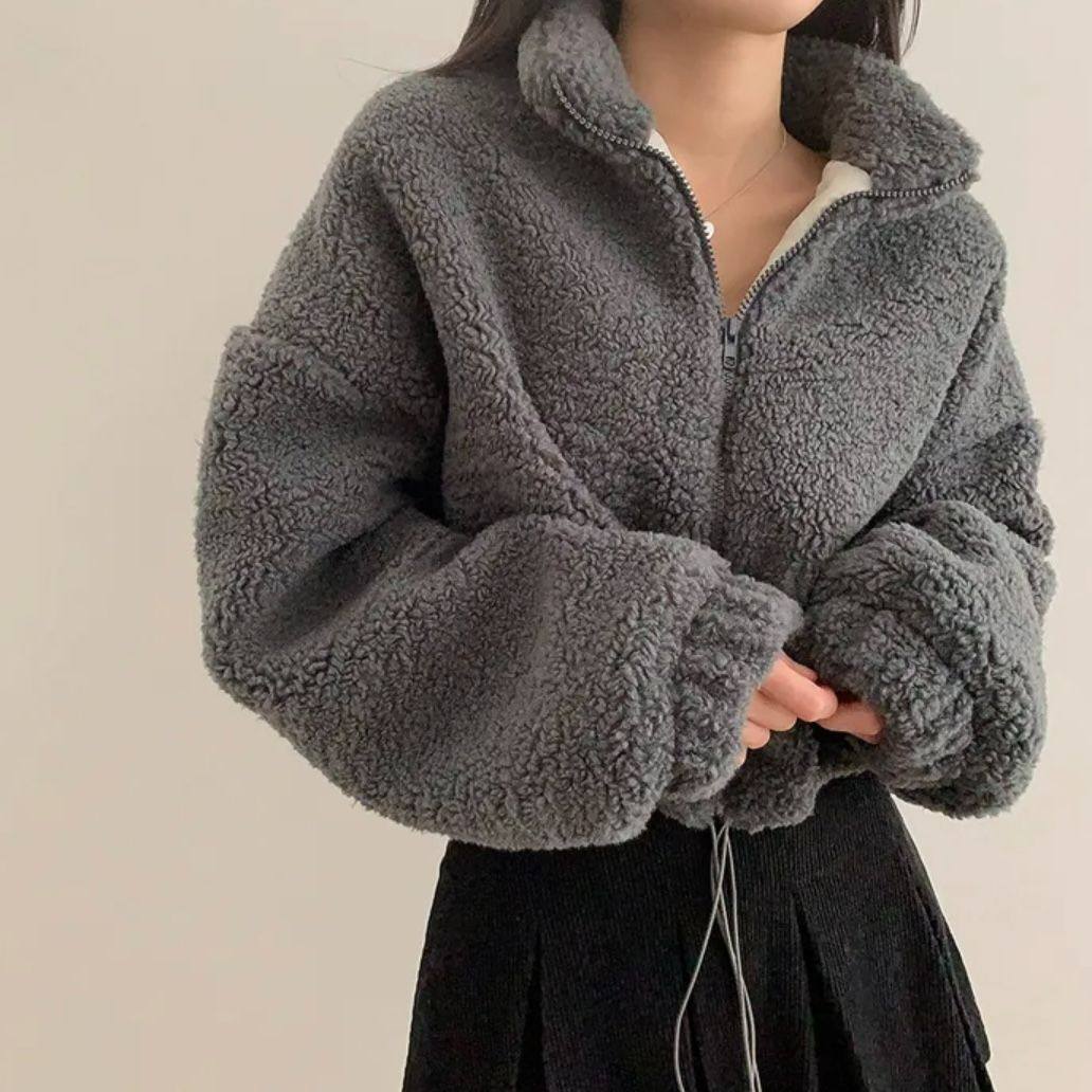 仿羊羔绒开衫立领外套女秋冬新款宽松慵懒风毛毛绒短款拉链卫衣女