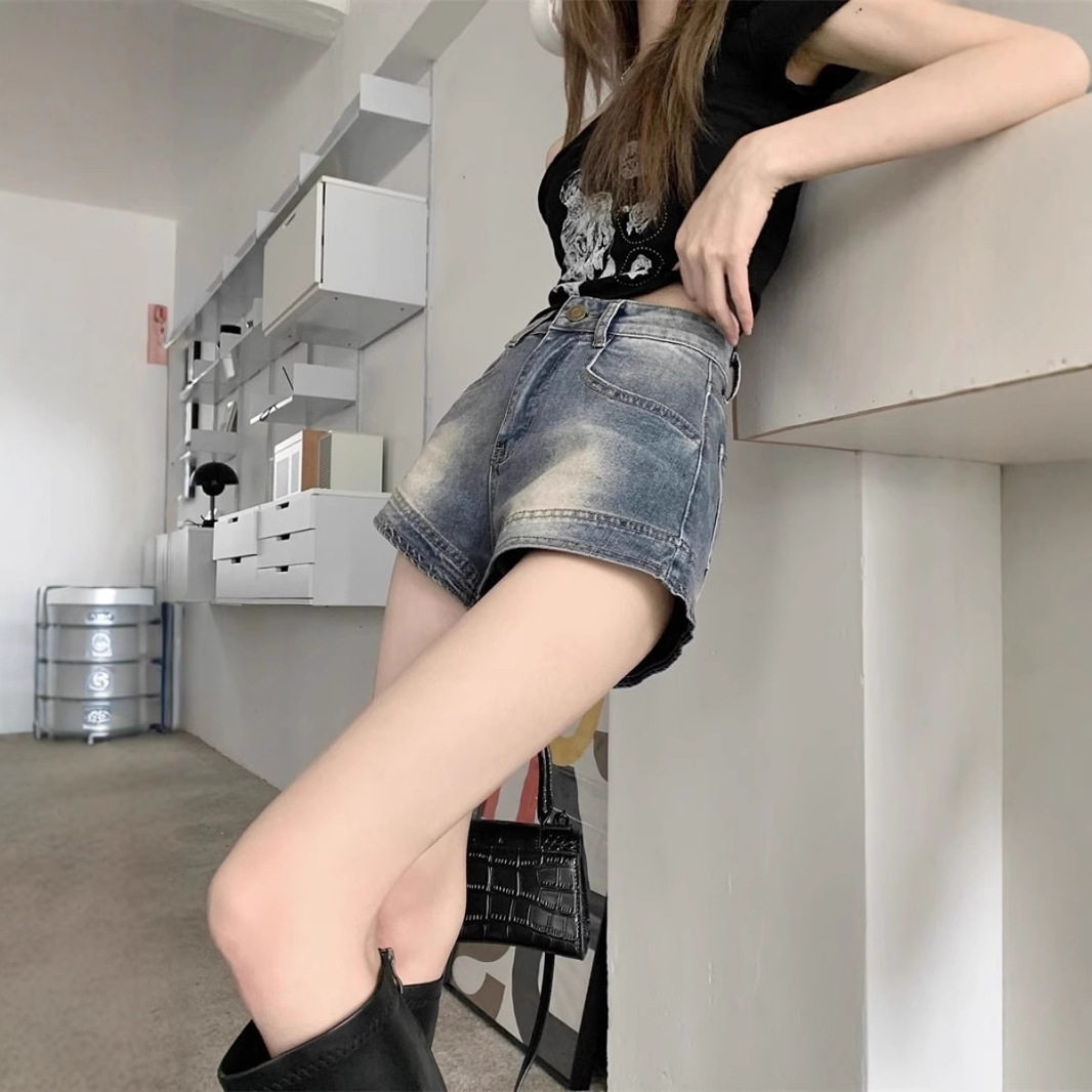 美式复古牛仔短裤女夏季薄款外穿高腰紧身弹力a字超短辣妹热裤子