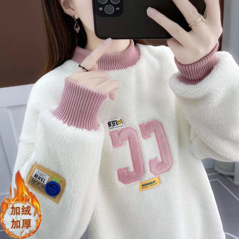 加绒加厚卫衣女秋冬新款韩版潮学生宽松懒惰假两件圆领长袖外套女