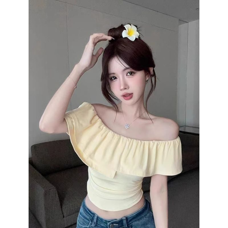 小众辣妹一字肩纯欲短袖T恤女夏季荷叶边气质设计感性感短款上衣
