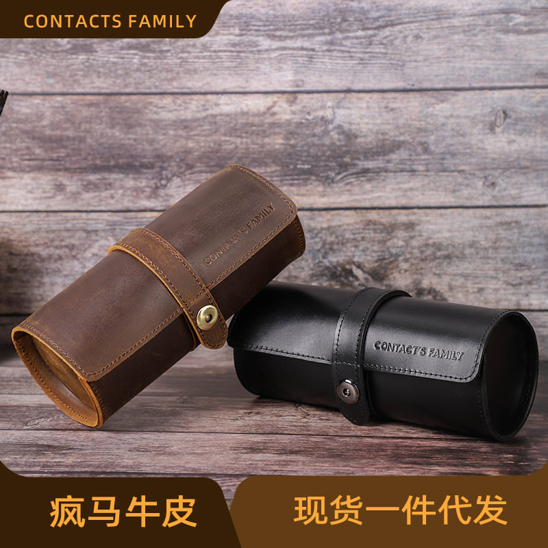 头层牛皮三位装机械腕表收纳盒旅游便携式复古疯马牛皮手表盒现货