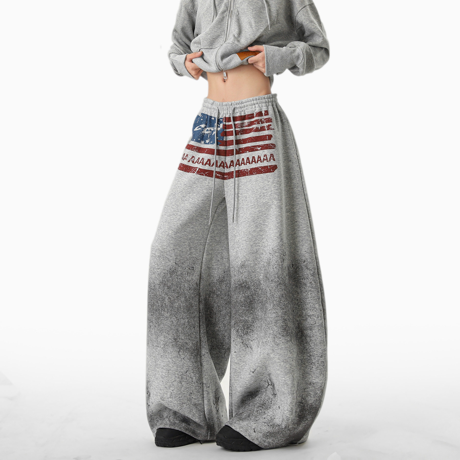 美式做旧脏染旗帜印花弯刀休闲裤男hiphop嘻哈街舞百搭阔腿长裤子