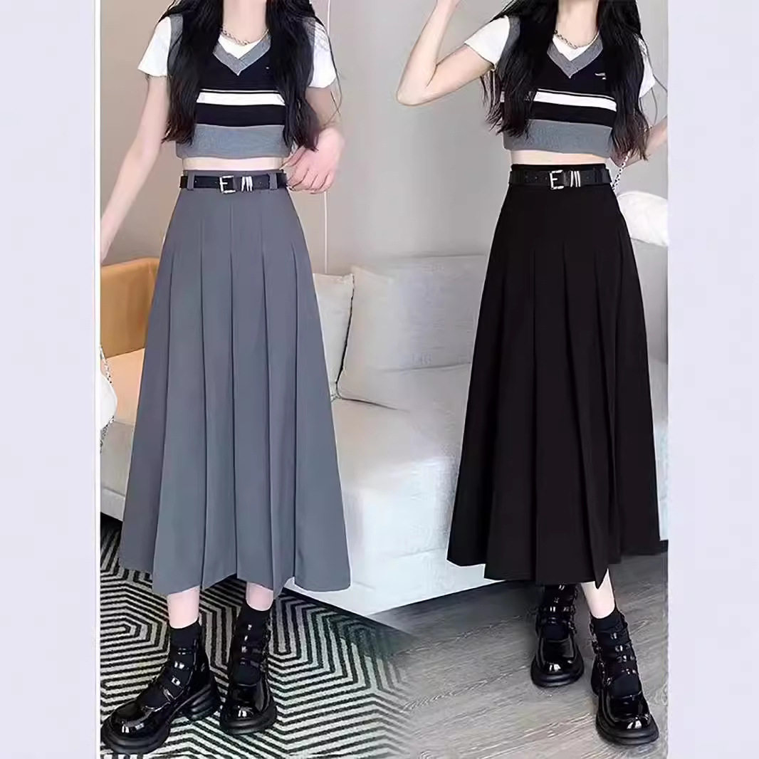 灰色高腰a字百褶半身裙女装夏季新款小个子高腰显瘦中长款裙子潮
