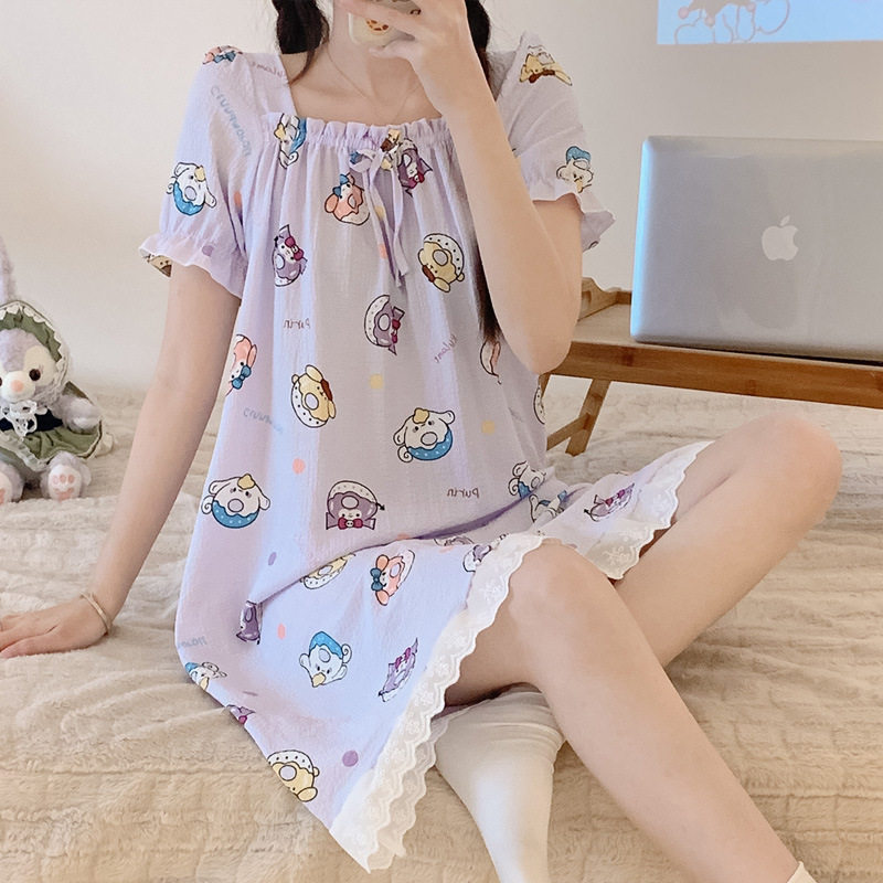 2024新款夏季泡泡皱一字领女士短袖睡裙家居服连体裙休闲睡裙