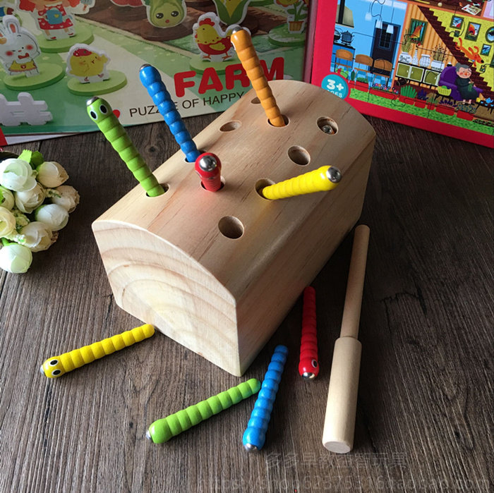 木制磁性钓抓虫子游戏玩具毛毛虫