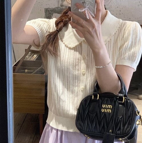 娃娃领针织短袖女2026春季新款韩系气质甜美休闲百搭上衣