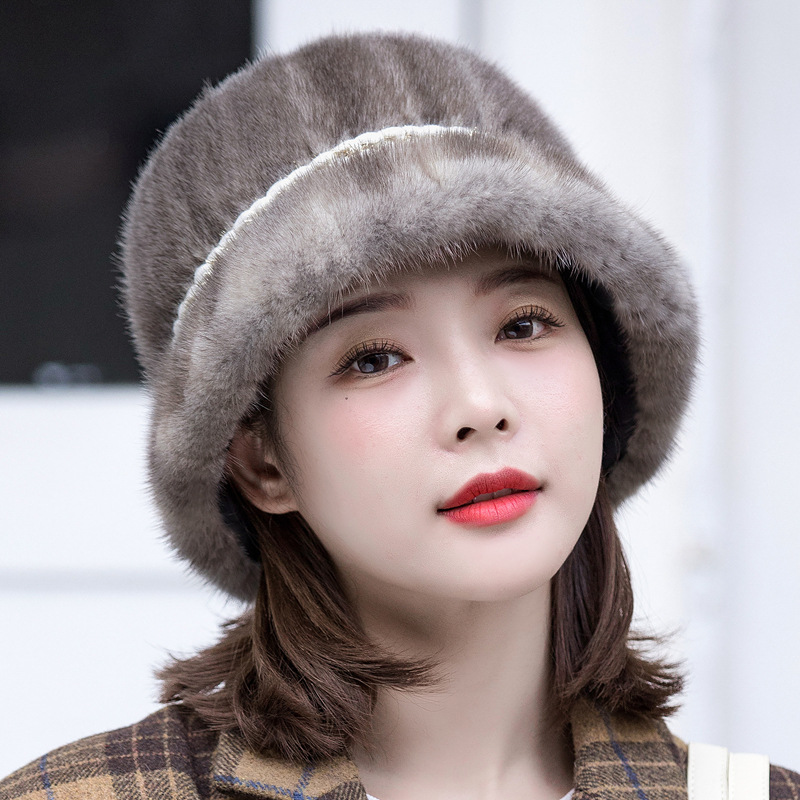 貂皮草帽子韩版时尚气质水貂毛女式冬季盆帽裘皮小礼帽成人帽QM