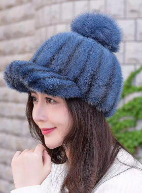 冬季水貂狐狸毛球显脸小女骑士帽