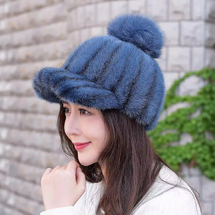 冬季 新款水貂鸭舌骑士帽 狐狸毛球休闲皮草帽子显脸小貂皮女帽