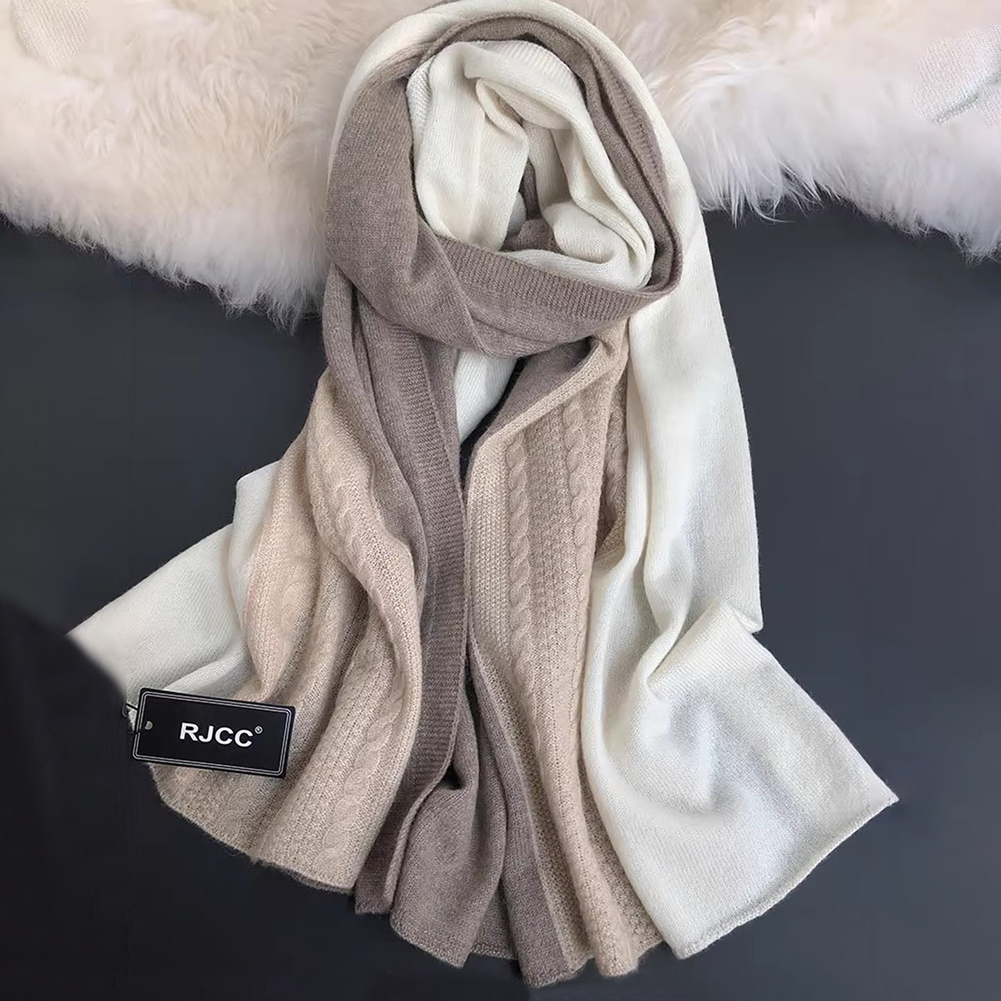 rjcc跨境山羊绒围巾针织扭花女士拼接平纹秋冬保暖披肩细腻
