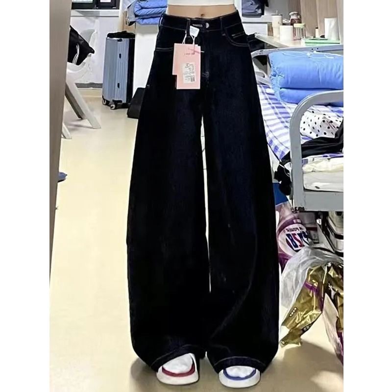 矮小个子美式复古宽松阔腿牛仔裤145CM显高高腰显瘦直筒拖地长裤