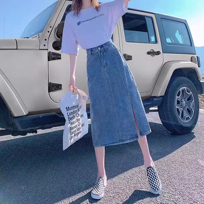 145cm小个子高腰牛仔半身裙设计感百搭减龄显高侧开叉中长裙a字裙