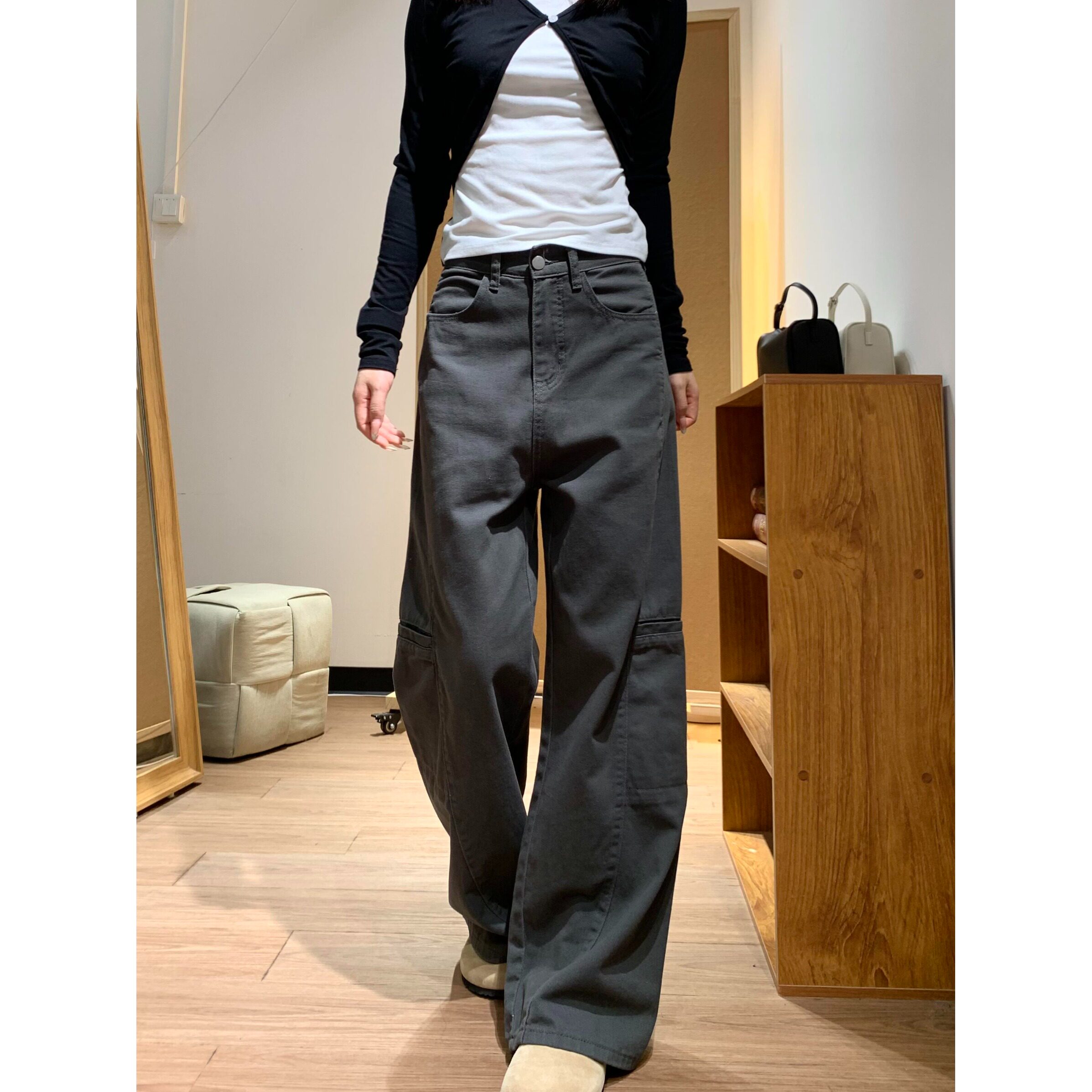 矮个子美式复古做旧水洗灰色工装裤牛仔裤宽松显瘦拖地阔腿裤长裤