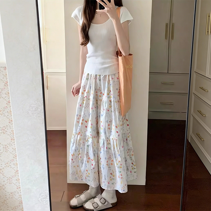 小个子温柔韩系气质碎花半身裙减龄150cm高腰中长款a字大摆伞裙XS