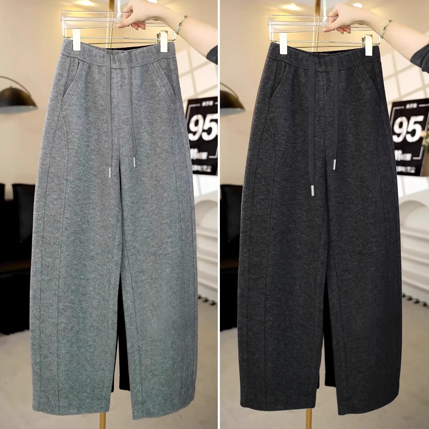小个子深灰色毛呢弯刀裤显瘦穿搭145CM高腰休闲裤宽松直筒运动裤