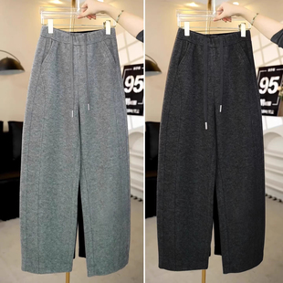 小个子深灰色毛呢弯刀裤显瘦穿搭145CM高腰休闲裤宽松直筒运动裤