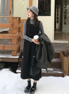 145cm矮小个子波点毛呢背心裙150秋冬韩系减龄百搭连衣裙两件套XS