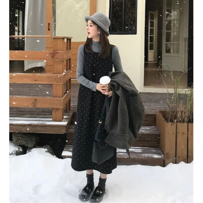 145cm矮小个子波点毛呢背心裙150秋冬韩系减龄百搭连衣裙两件套XS