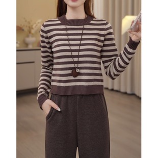 上衣XXS 小个子洋气减龄时尚 145CM韩系复古条纹撞色圆领长袖 针织衫