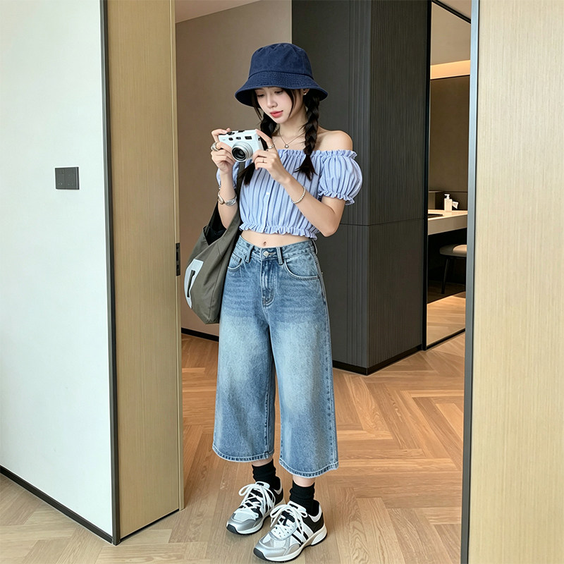 小个子美式裂纹阔腿七分牛仔裤女bf慵懒风145高腰宽松直筒中裤夏