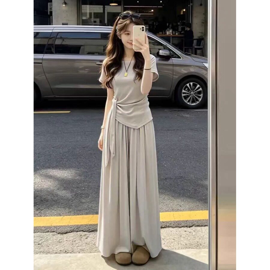 小个子穿搭一整套2026新款短袖t恤女夏季阔腿裤休闲两件套装xs