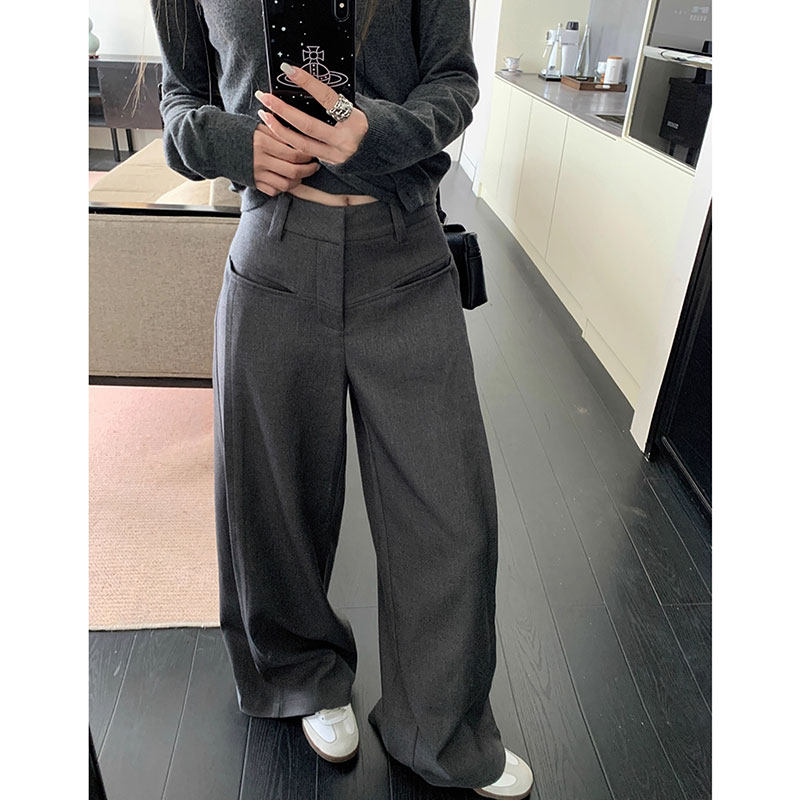 秋冬新款小个子高腰毛呢西装阔腿裤145垂感深灰色直筒拖地休闲裤