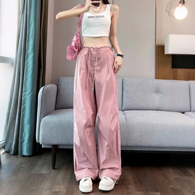 夏季薄款小个子高腰休闲阔腿裤美式炸街150CM宽松遮肉工装裤xxs女