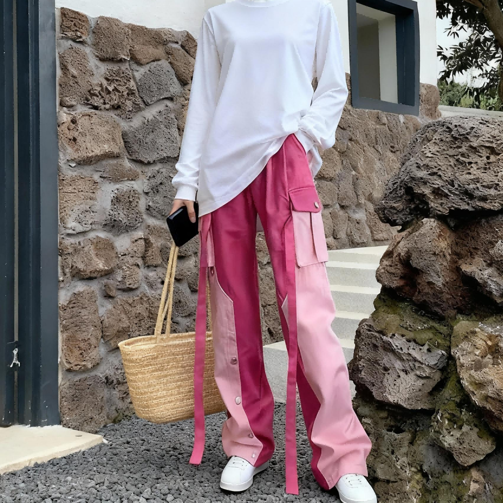 显高穿搭矮小个子粉色工装裤百搭显瘦145高腰拼色宽松直筒阔腿裤,女装/女士精品,牛仔裤,淘宝优惠券,粉丝福利购,淘宝优惠卷