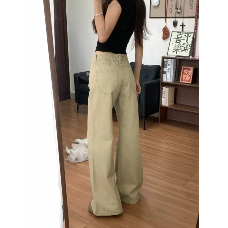 小个子美式复古卡其色阔腿微喇牛仔裤150低腰宽松喇叭拖地长裤xs