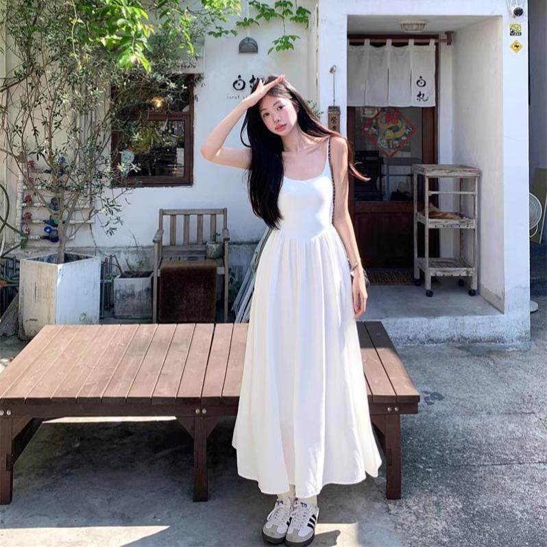 2026新款初恋小白裙a字长裙150小个子度假温柔风u领吊带连衣裙xs