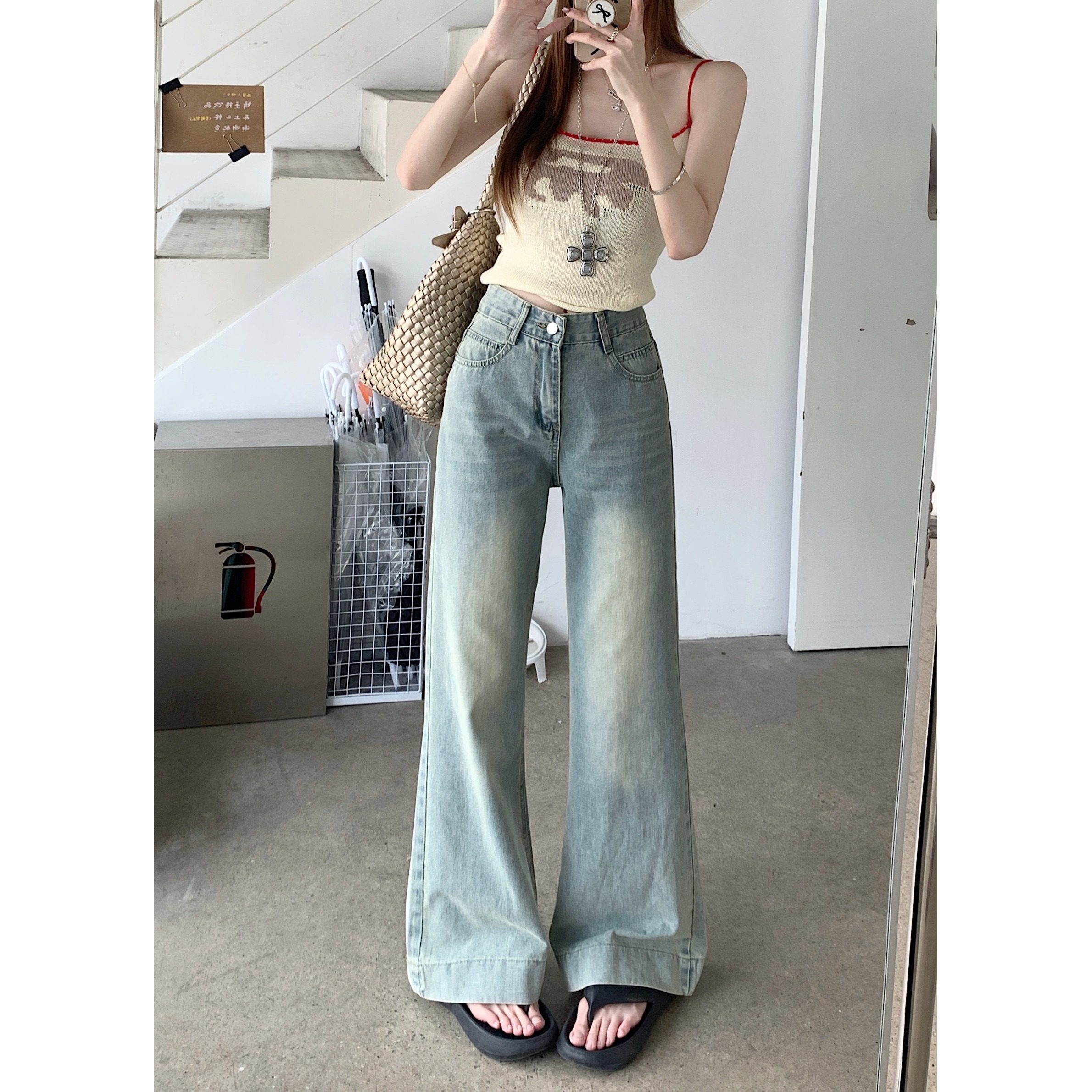 150小个子复古浅蓝宽松微喇阔腿牛仔裤145CM高腰垂感直筒拖地长裤