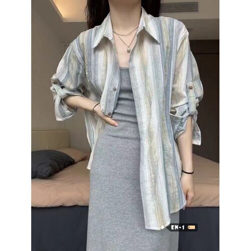 小矮个子145夏季长袖撞色竖条纹衬衫女150复古宽松防晒衬衣外套xs