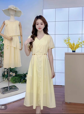 韩系小个子145cm鹅黄色连衣裙夏季薄款减龄显瘦收腰A字中长裙XS女