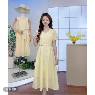 韩系小个子145cm鹅黄色连衣裙夏季薄款减龄显瘦收腰A字中长裙XS女