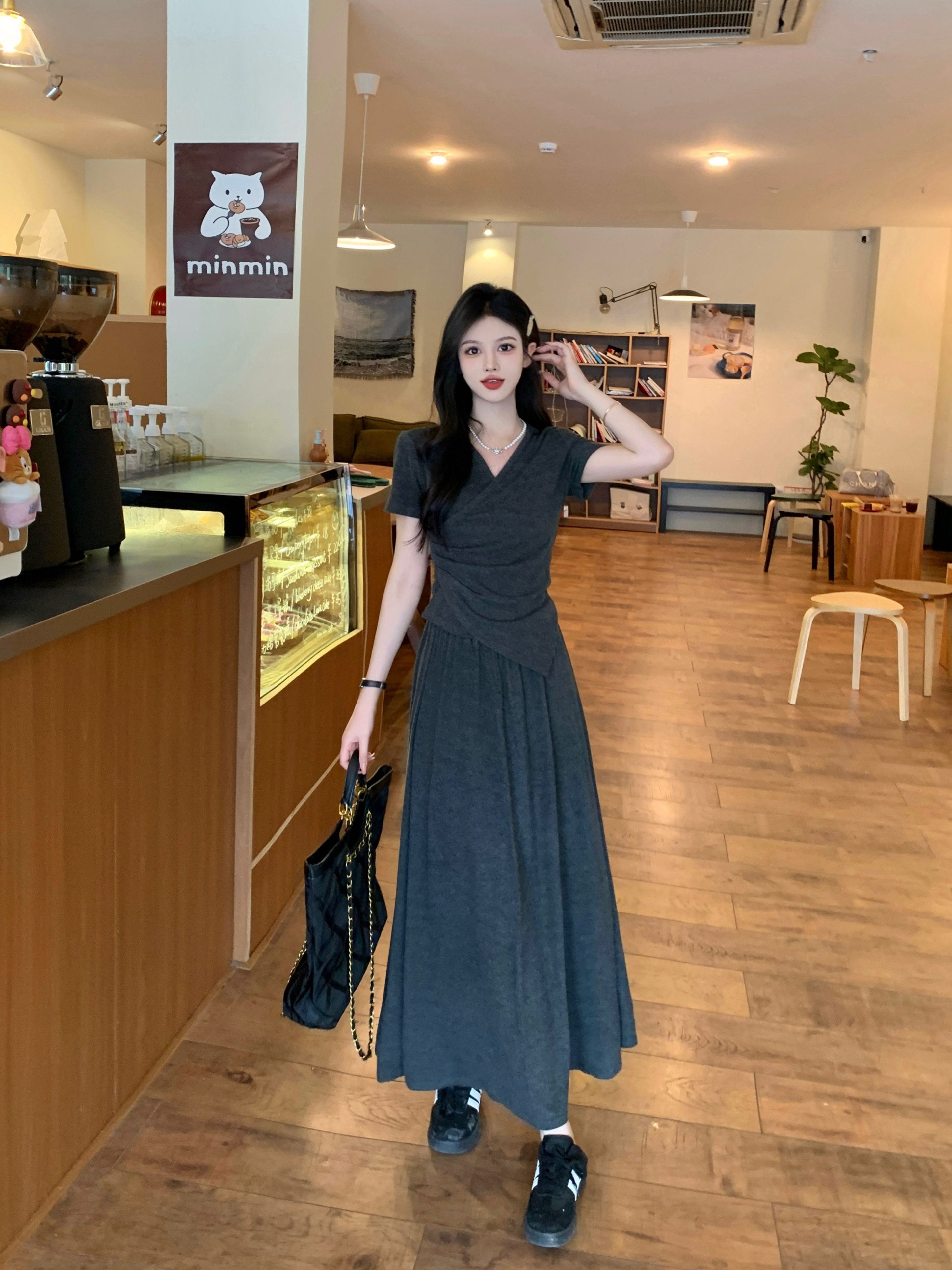 150小个子夏季女装百搭休闲风不规则褶皱遮肚显瘦上衣+半身裙套装