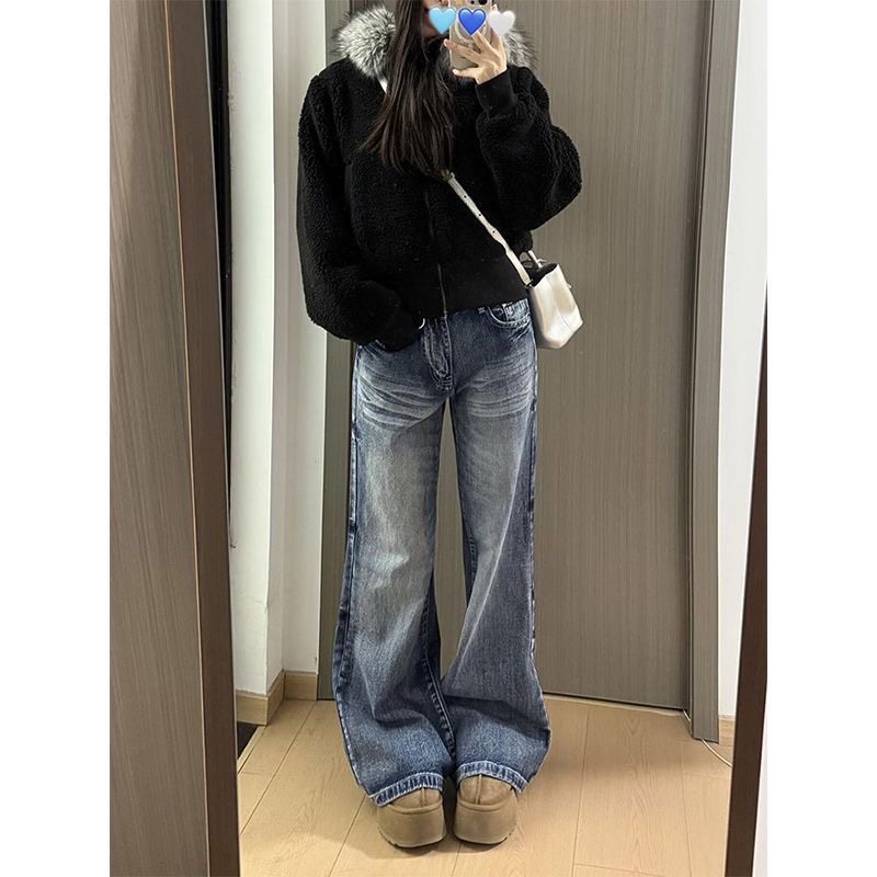 小个子美式复古阔腿微喇牛仔裤设计感145高腰宽松显瘦直筒拖地裤