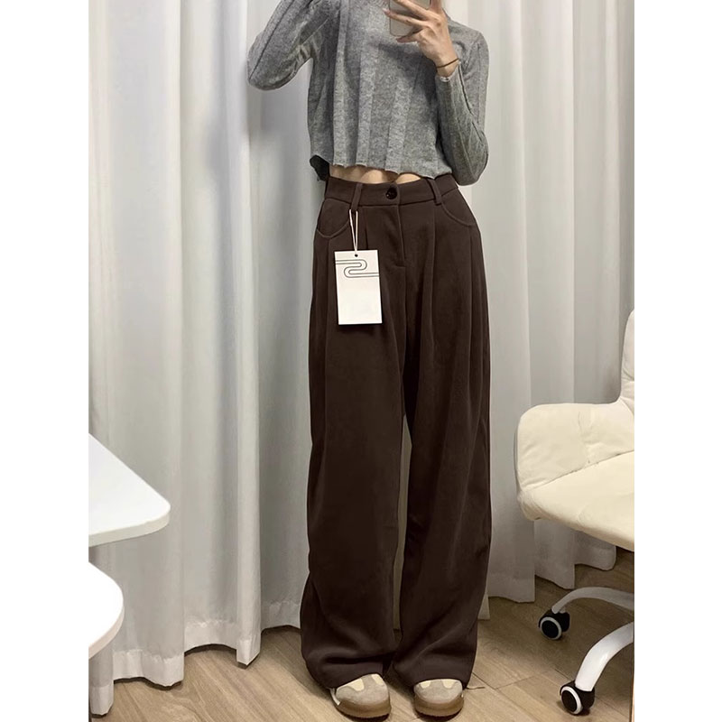 矮个子棕色阔腿拖地裤百搭显瘦150CM高腰垂感加绒直筒西装休闲裤