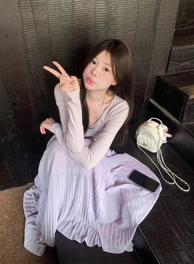 145小矮个子显高150cm纯欲v领长袖T恤上衣+雨雾紫藤压褶半身裙xs