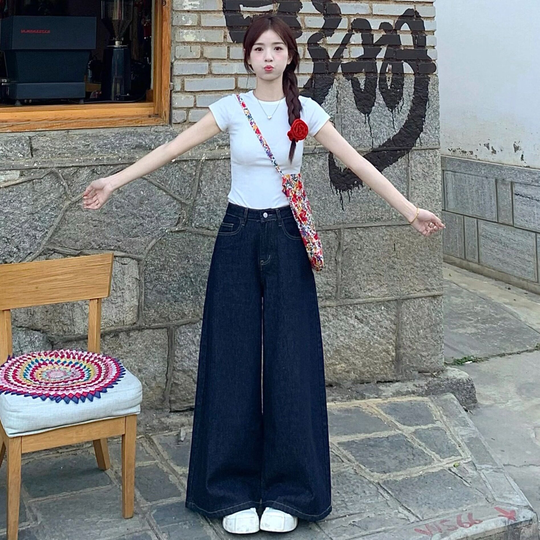 显瘦穿搭小个子美式复古深蓝色阔腿牛仔裤女宽松垂感阔脚拖地长裤