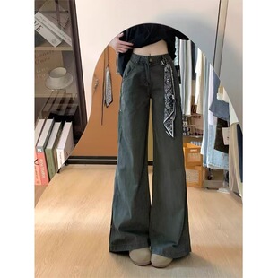 小个子美式宽松直筒工装牛仔裤设计感150高腰军绿色显瘦阔腿长裤