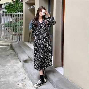 小个子法式复古黑色碎花v领连衣裙150cm长袖收腰内搭中长裙xs码秋