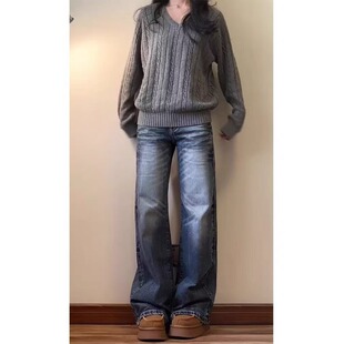 小个子美式微喇牛仔九分裤复古辣妹150显高高腰宽松喇叭阔腿长裤