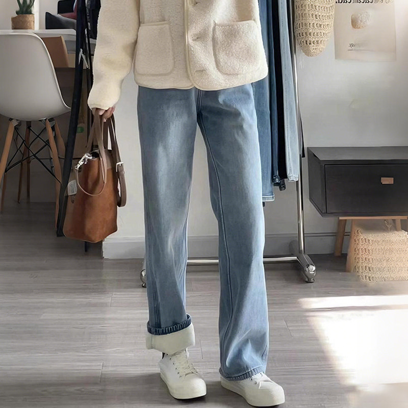 150cm复古浅蓝色加绒牛仔裤减龄百搭矮小个子高腰显瘦直筒阔腿裤