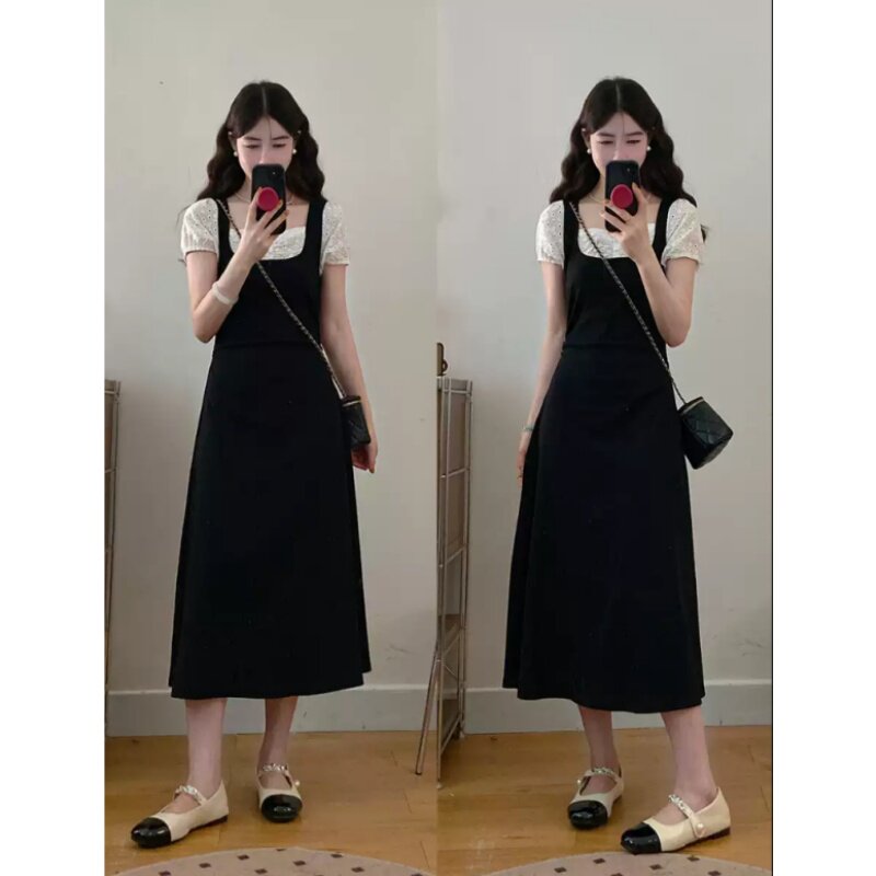 夏季新款休闲收腰显瘦黑色长裙女设计感假两件修身方领短袖连衣裙