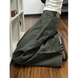 小个子军绿色工装牛仔裤百搭显瘦150高腰美式宽松阔腿拖地长裤XS